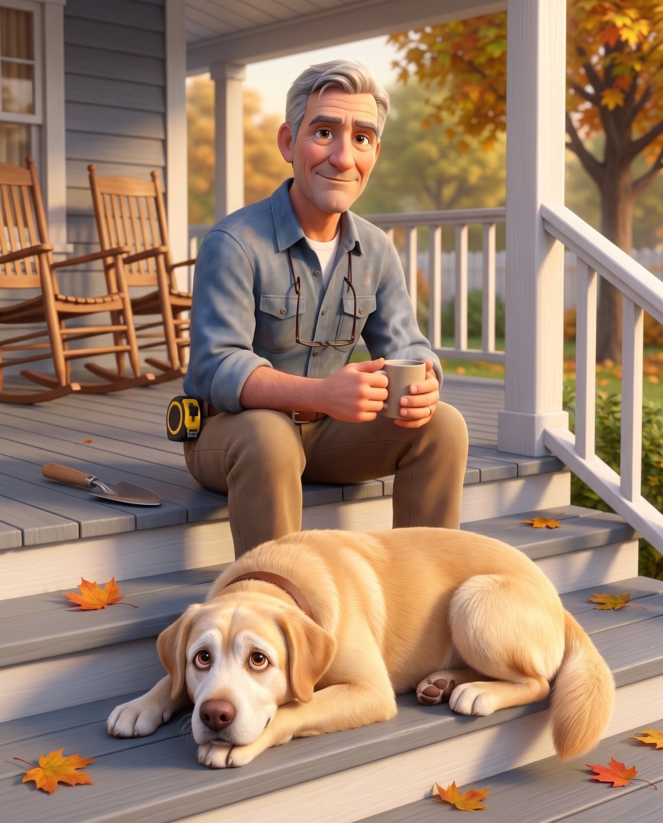 Walt on a porch step with a mug of coffee, his old yellow lab Rivet on the step below, a few fallen leaves on the boards