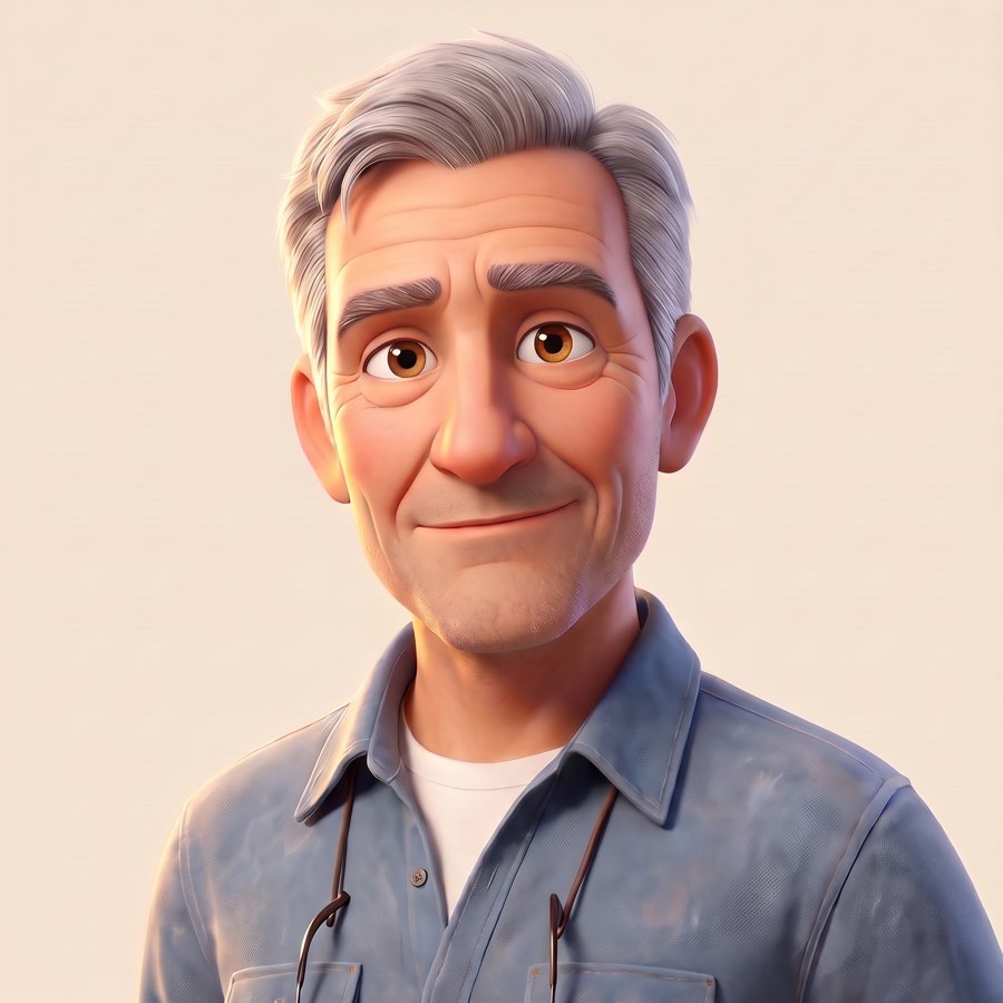 Walt, an illustrated retired contractor in a blue work shirt, smiling
